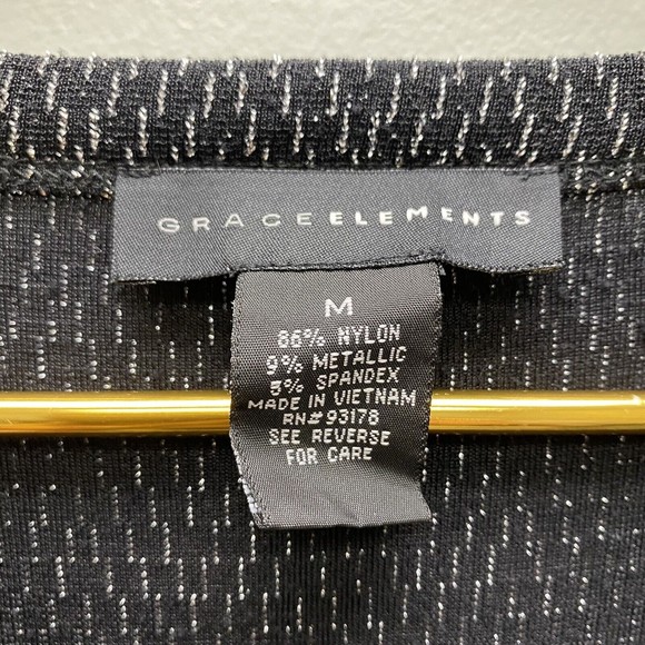 Grace Elements Metallic Slinky Tunic Top Sz Medium Black Silver Sharkbite Dressy - Picture 8 of 8